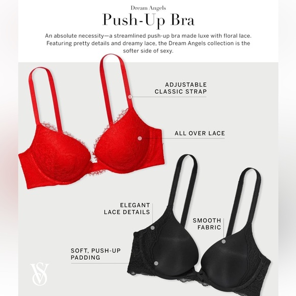 Victoria's Secret Women's Dream Angels Push Up Bra, Black smooth with lace 34C - Picture 5 of 15